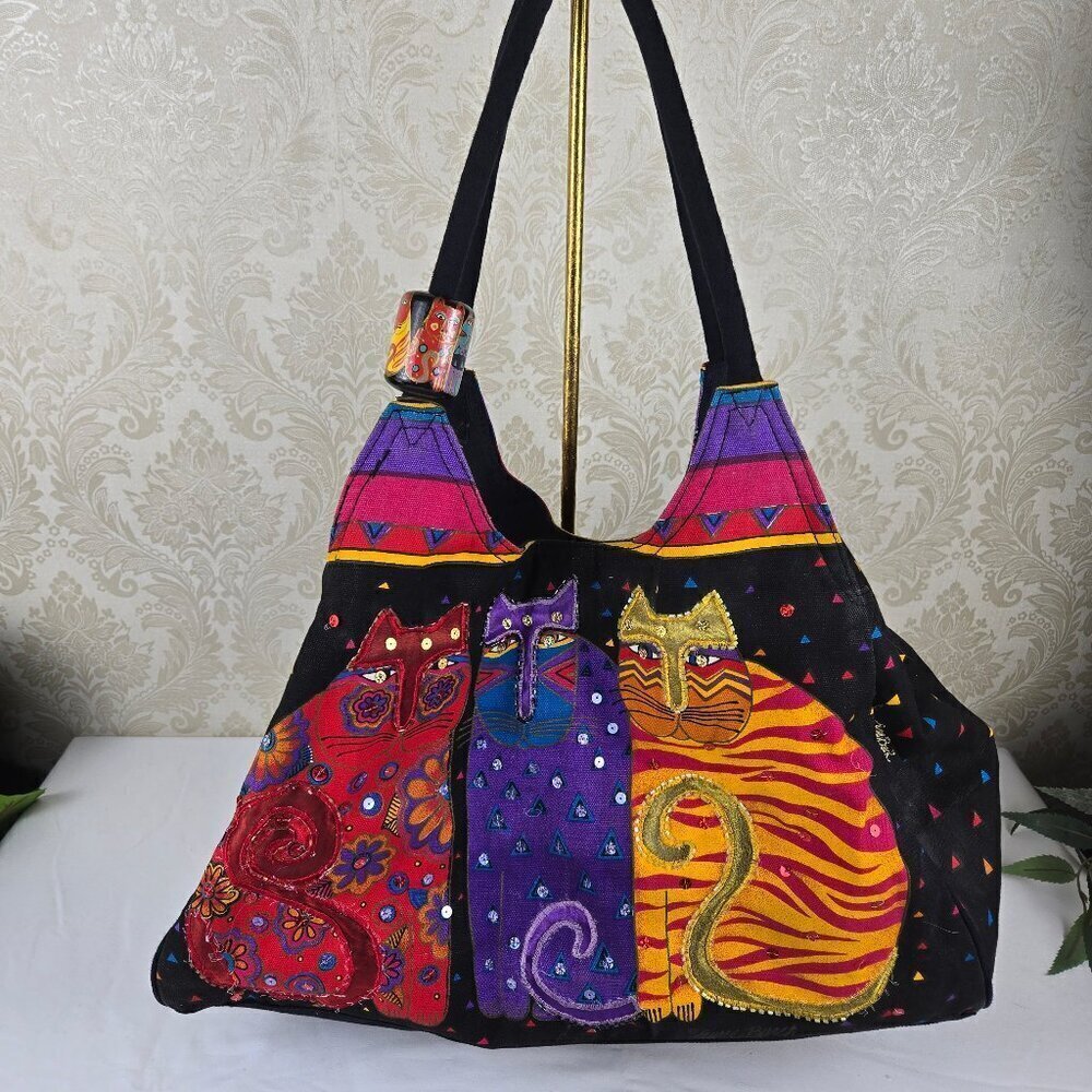 Laurel Burch Colorful Cat Canvas Travel Tote Bag Sequins Beaded Confetti Print